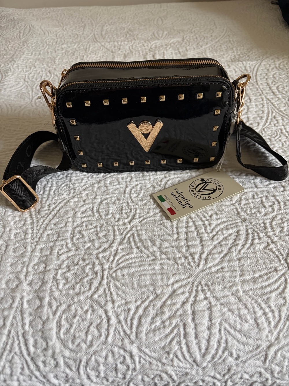 NWT Valentino Orlandi Black Patent Crossbody Camera Bag W/ Gold Hardware